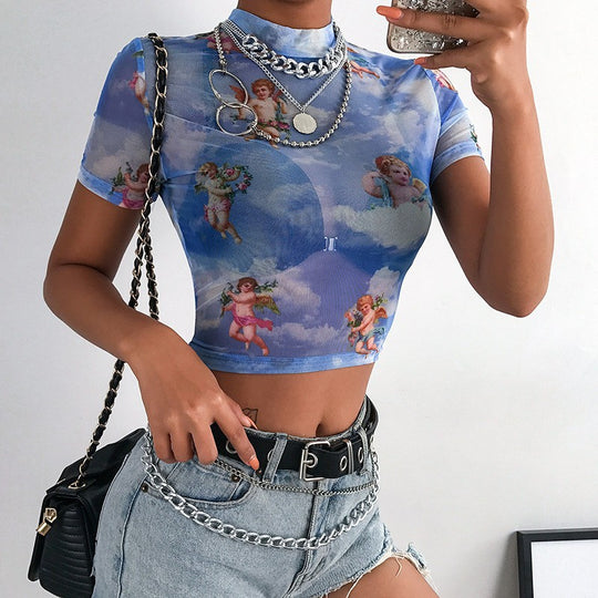 Damen Hochgeschlossenes Crop-Top mit romantischem Engelmotiven EB