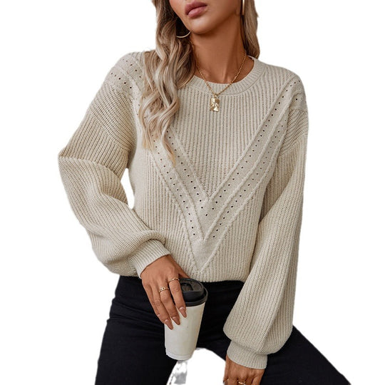 Damen Strickpullover mit V-Ausschnitt und dekorativem Strukturmuster EB