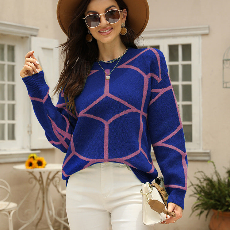 Damen strukturiertes Pullover mit geometrischem Muster und lässigem Schnitt EB
