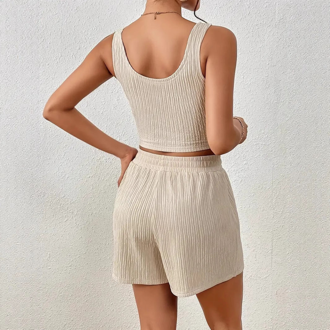 Damen sportliches Set aus leichtem Material mit cropped Oberteil und Shorts EB