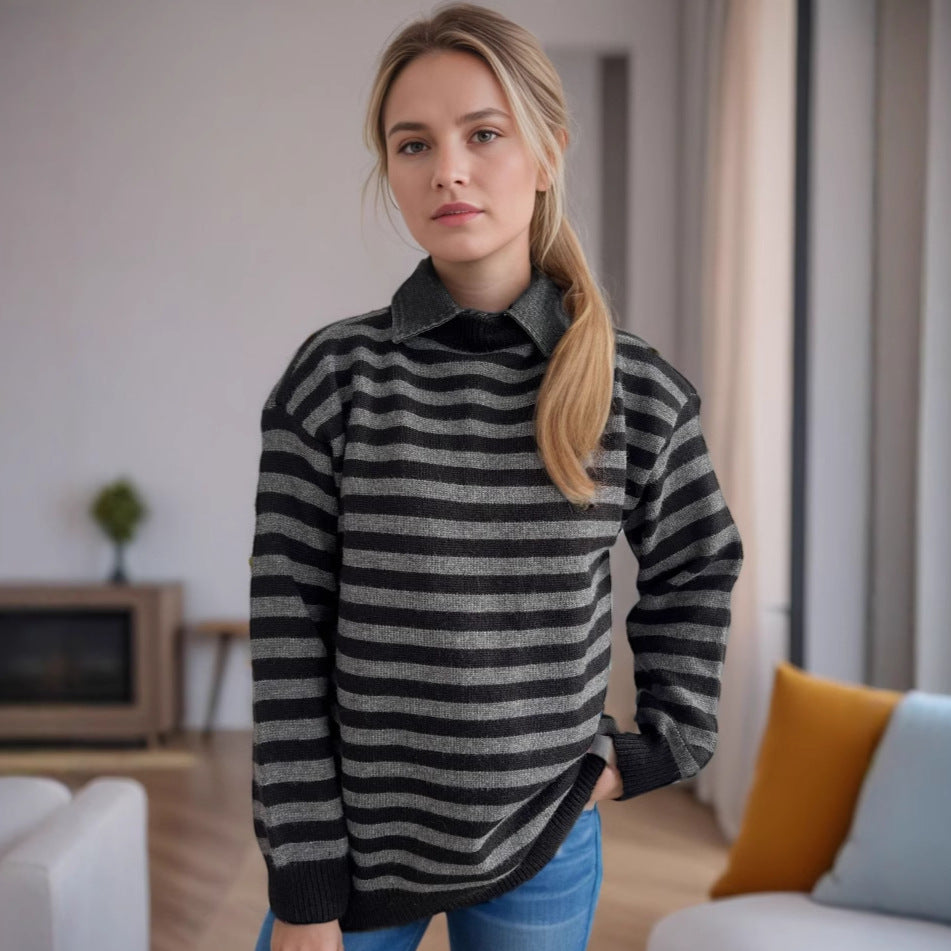 Damen lässiger Pullover mit strukturellem Streifenmuster und modischem Kragen EB