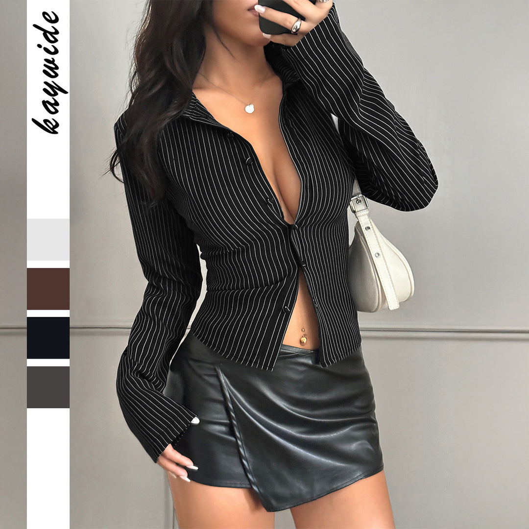 Damen nan taillierte Nadelstreifen-Bluse mit Hemdkragen und figurformender Knopfleiste EB