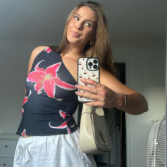 Damen asymmetrisches Trägershirt mit floraler Druckgestaltung EB
