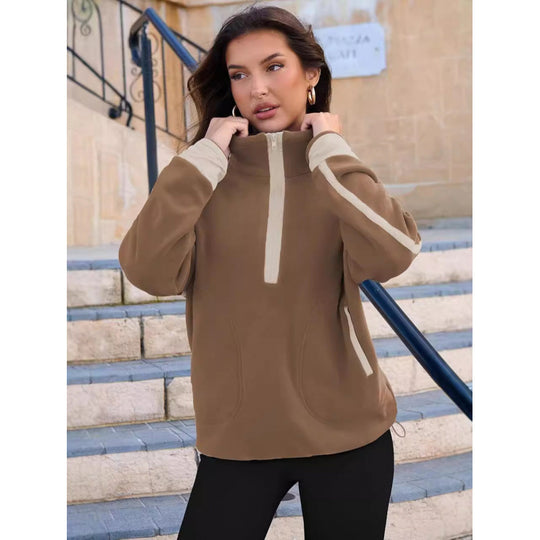 Damen Fleecpullover mit halbem Reißverschluss und kontrastierenden Ärmeln EB