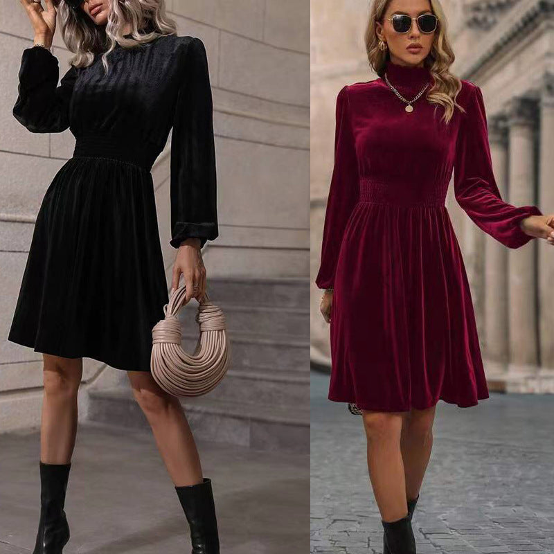 Damen Samtkleid mit hochgeschlossenem Design und eleganten langen Ärmeln EB