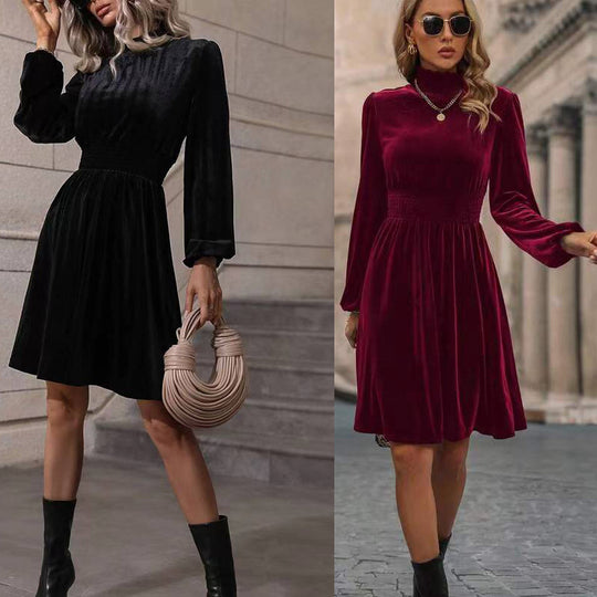 Damen Samtkleid mit hochgeschlossenem Design und eleganten langen Ärmeln EB