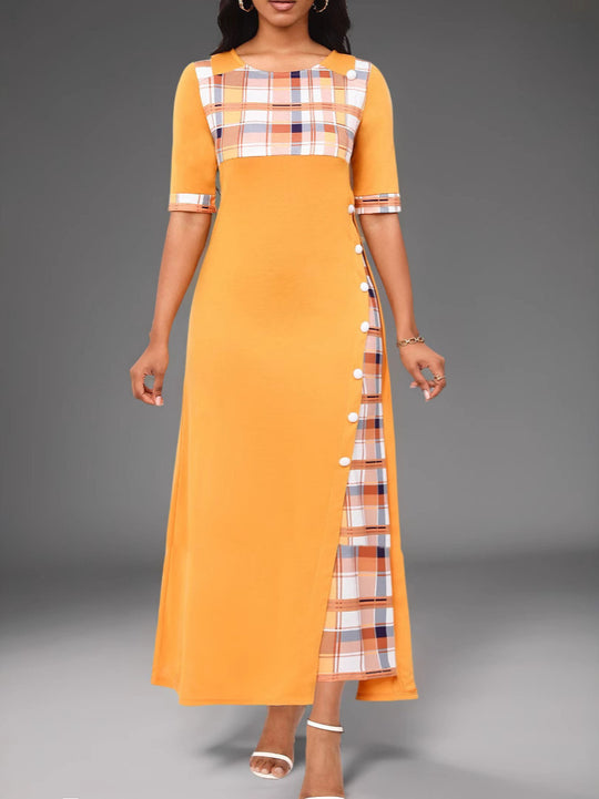 Damen Maxi-Kleid mit modischem Karomuster und geschmackvollen Knopfdetails EB