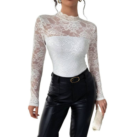 Damen Spitzenbody mit elegantem Stehkragen und langem Arm EB