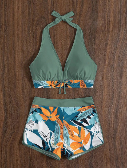Damen Bikini-Set mit floralem Muster und herausnehmbarem Push-Up-BH EB