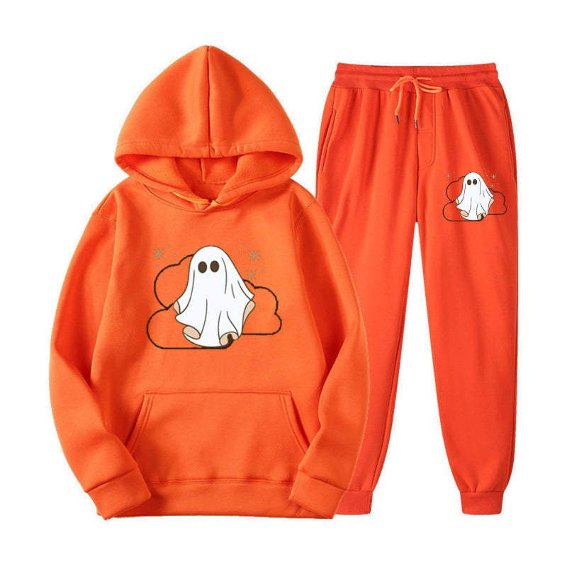 Unisex nan kuscheliger Kapuzenpullover und Jogginghose Set mit Halloween-Geistprint EB