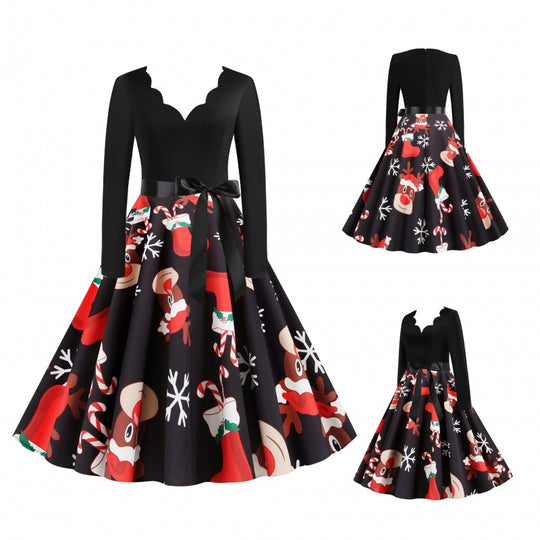 Damen Vintage-Festkleid im 50er-Jahre Stil mit gewelltem Halsausschnitt, figurbetontem Oberteil und voluminösem Tellerrock EB