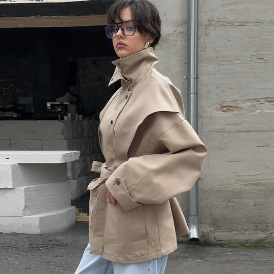 Damen Modische Übergangsjacke mit hohem Kragen und Bindegürtel EB