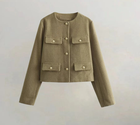 Damen kurzärmlige Utility-Jacke mit aufgesetzten Taschen und dekorativen Knöpfen EB