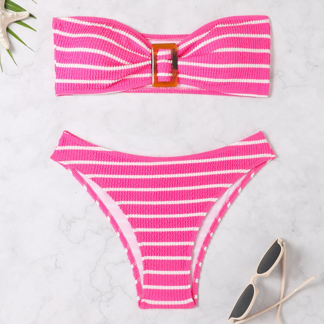 Damen Bandeau-Bikini mit modischem Streifenmuster und dekorativer Schnalle EB