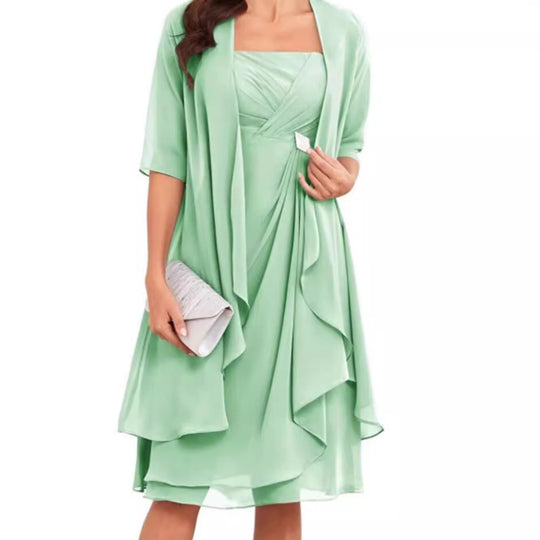 Damen festliches Maxikleid mit einem eleganten Wickeldesign und transparenter Ärmeln Heidi-Mode