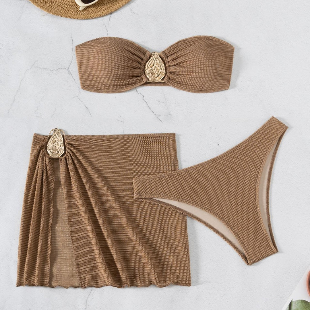 Damen Bandeau-Bikini-Set mit eleganten Falten und dekorativem Verschluss EB