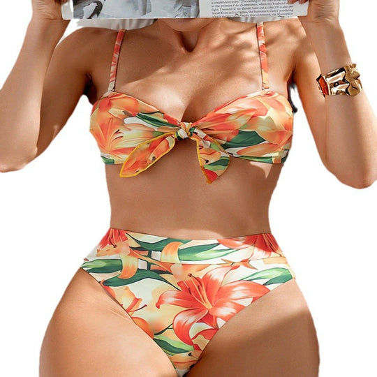 Damen Hochtailliertes Floral-Bikini-Set mit Knoten-Details EB