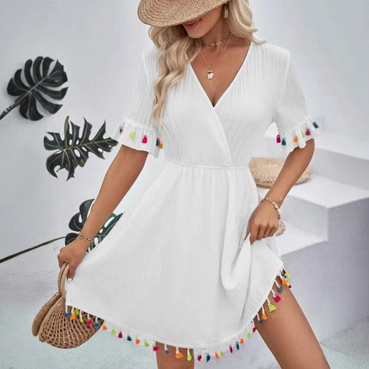 Damen Sommerkleid mit verspielten Volants und bunten Quasten EB