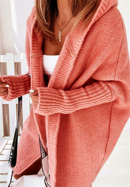 Damen gemütlicher Strickcardigan mit Kapuze und weit geschnittenen Ärmeln EB