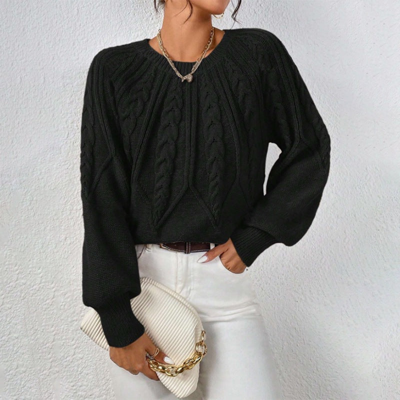 Damen nan kurzer Zopfmuster-Strickpullover mit Ballonärmeln und geripptem Saum EB