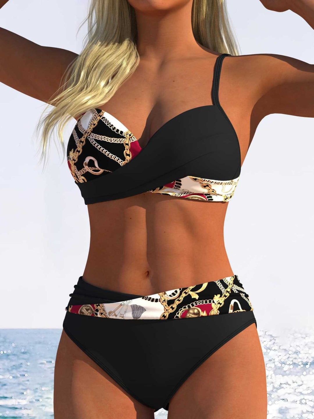 Damen Bikini-Set mit floralem Wickelmuster und bequemen High-Waist-Höschen EB