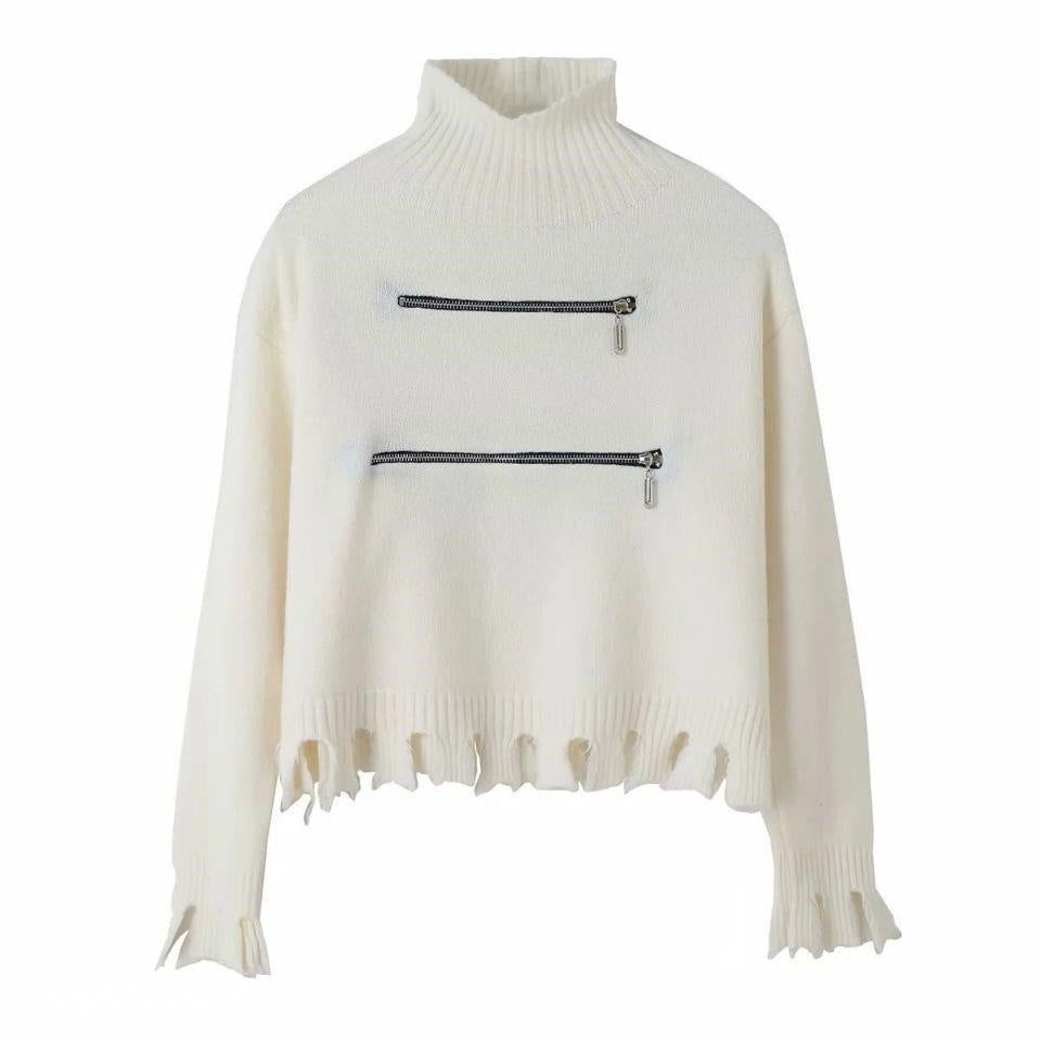 Damen Modischer Strickpullover mit Stehkragen und Reißverschlussdetails EB