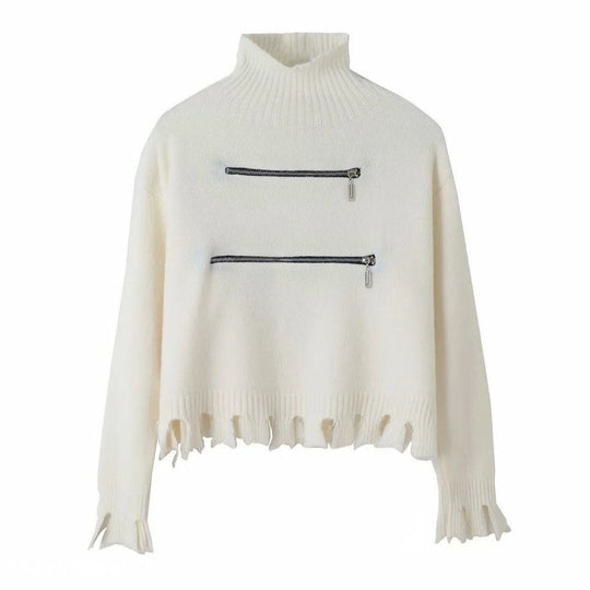 Damen Modischer Strickpullover mit Stehkragen und Reißverschlussdetails EB