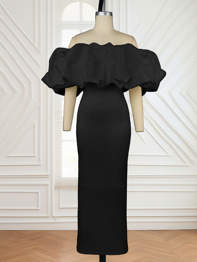 Damen Elegantes Off-Shoulder Maxikleid mit voluminösen Rüschensäumen EB