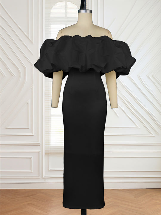 Damen Elegantes Off-Shoulder Maxikleid mit voluminösen Rüschensäumen EB