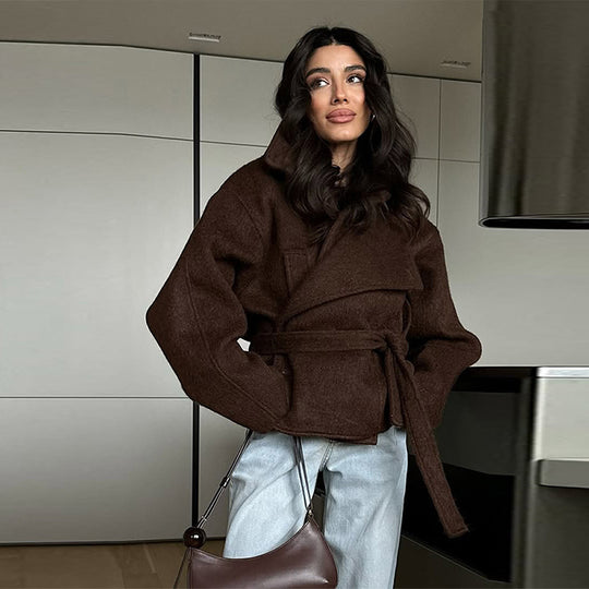 Damen Kuschelige Wolljacke mit weitem Schnitt und Taillengürtel EB