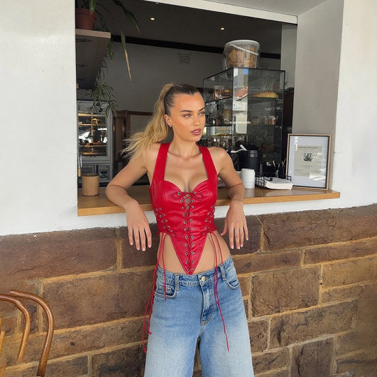 Damen Leder-Corset-Top mit Schnürung und asymmetrischem Schnitt EB