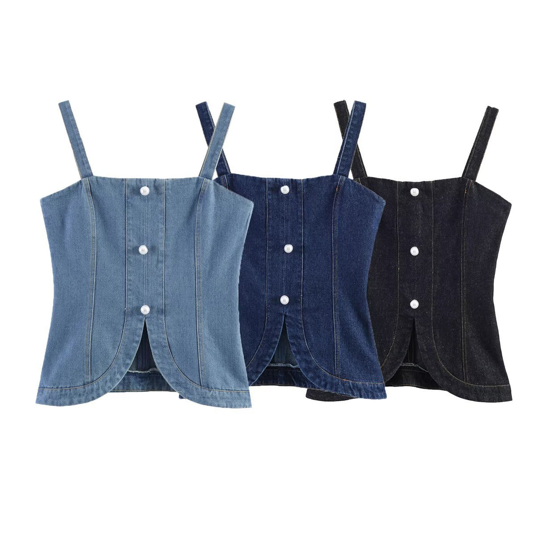 Damen Denim-Cami mit tailliertem Schnitt und dekorativen Knöpfen EB