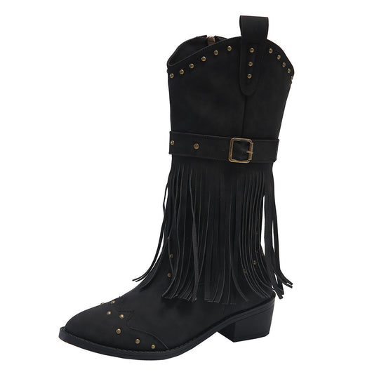 Damen nan Westernstiefel mit Fransen Nieten und Schnallenriemen EB