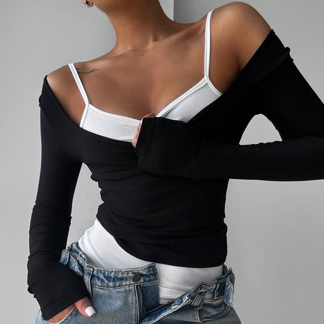 Damen nan tailliertes Longsleeve-Cropped-Top mit eckigem Ausschnitt und doppelten Spaghettiträgern EB