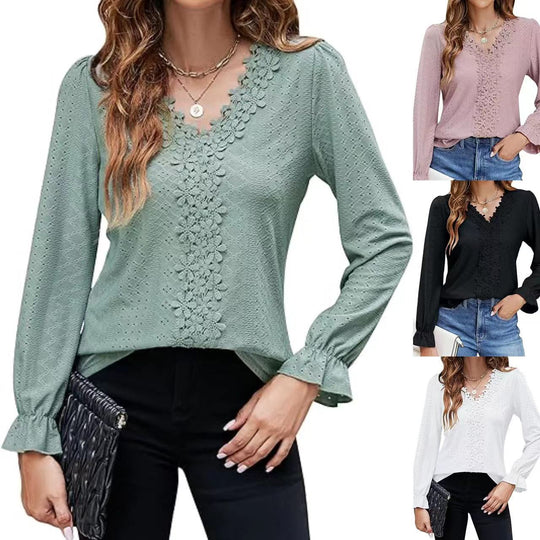 Damen elegante Bluse mit floralem Design und V-Ausschnitt EB