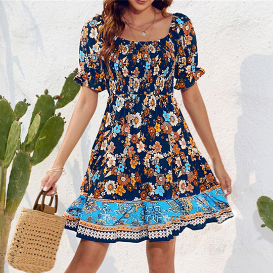 Damen Blumenmuster Maxikleid mit Puffärmeln und elastischem Taillengummi EB