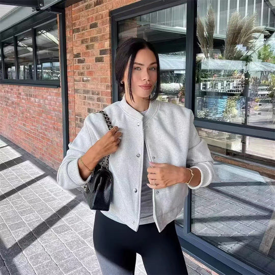 Damen Cropped Jacke mit modernem Stehkragen und Druckknopfverschluss EB