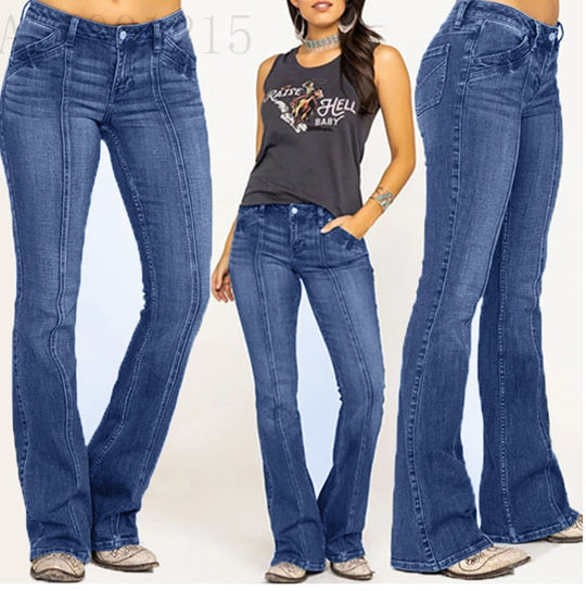 Damen nan weite Schlagjeans mit hochgeschnittener Taille, figurbetontem Hüftschnitt und elastischem Denim EB