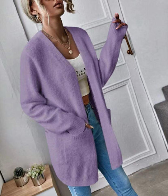 Damen Flauschiger Offener Cardigan aus weichem Material EB