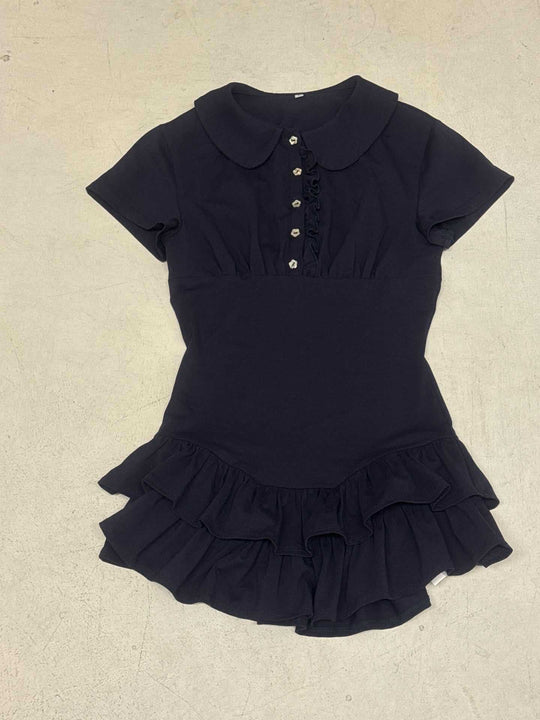 Damen Rüschen-Kleid mit Kragen und Knopfdetails EB
