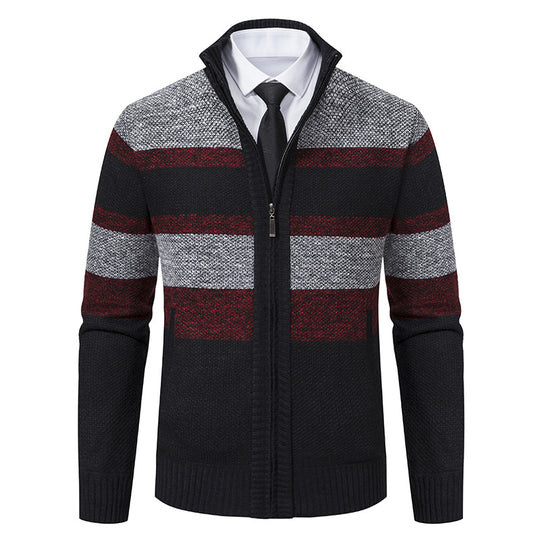 Herren Strickjacke mit Stehkragen und modernem Streifenmuster EB