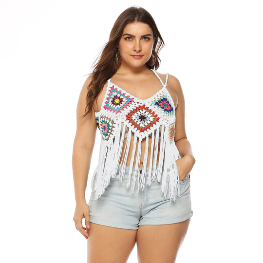 Damen gehäkeltes Crop-Top mit buntem Fransen-Design EB