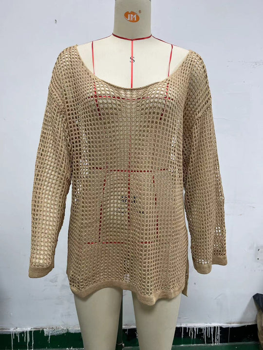 Damen lässiger Netzpullover mit weitem Schnitt und U-Boot-Ausschnitt EB