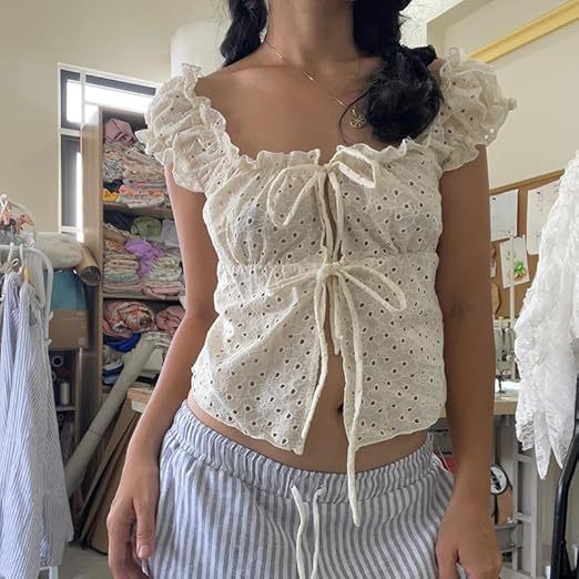 Damen Rüschenshirt mit tiefer Taille und Bindebändern EB