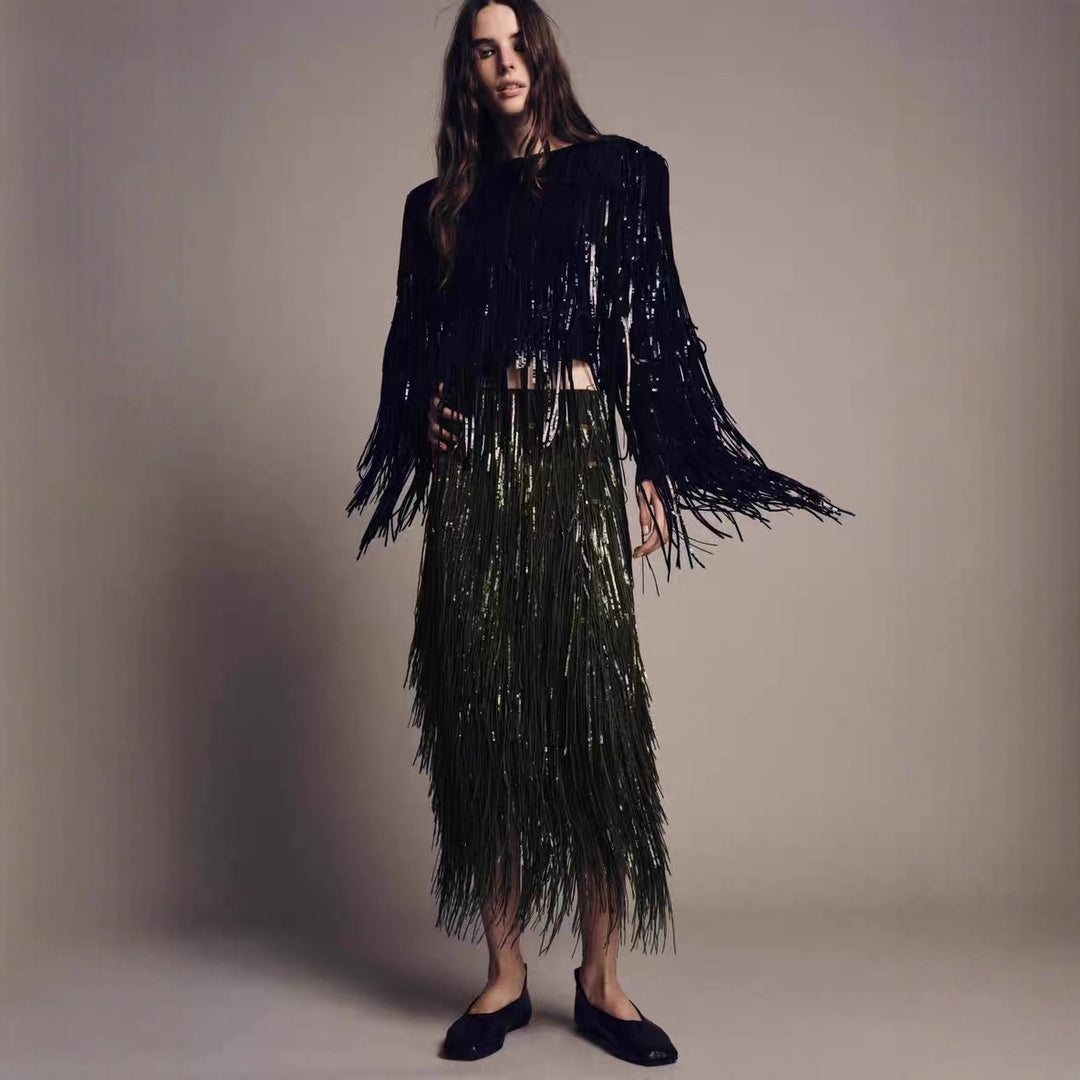 Damen Fransenrock aus schimmerndem Material mit eleganten Details EB