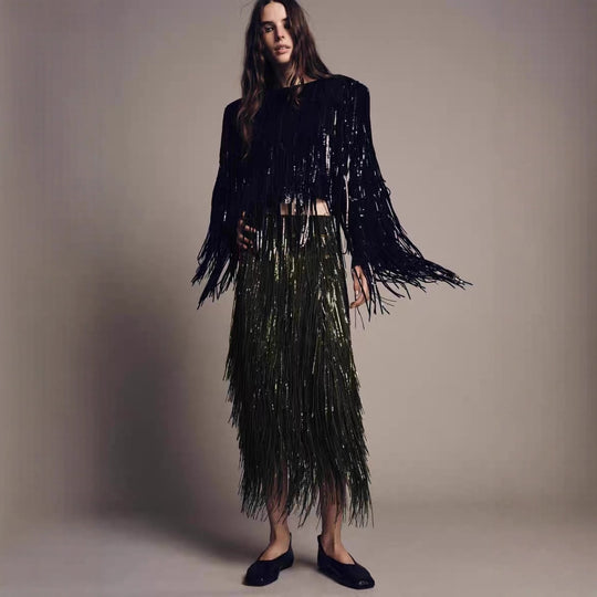 Damen Fransenrock aus schimmerndem Material mit eleganten Details EB