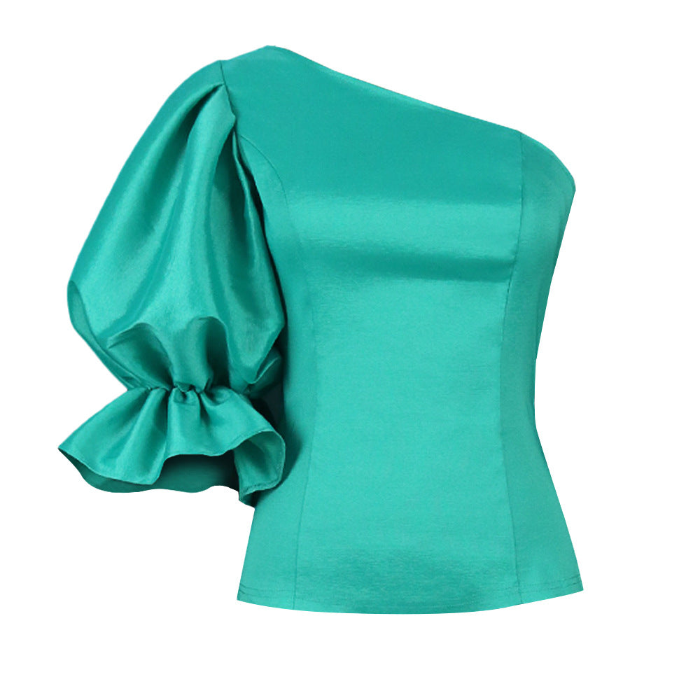 Damen Bluse mit asymmetrischem Ausschnitt und voluminösen Puffärmeln EB