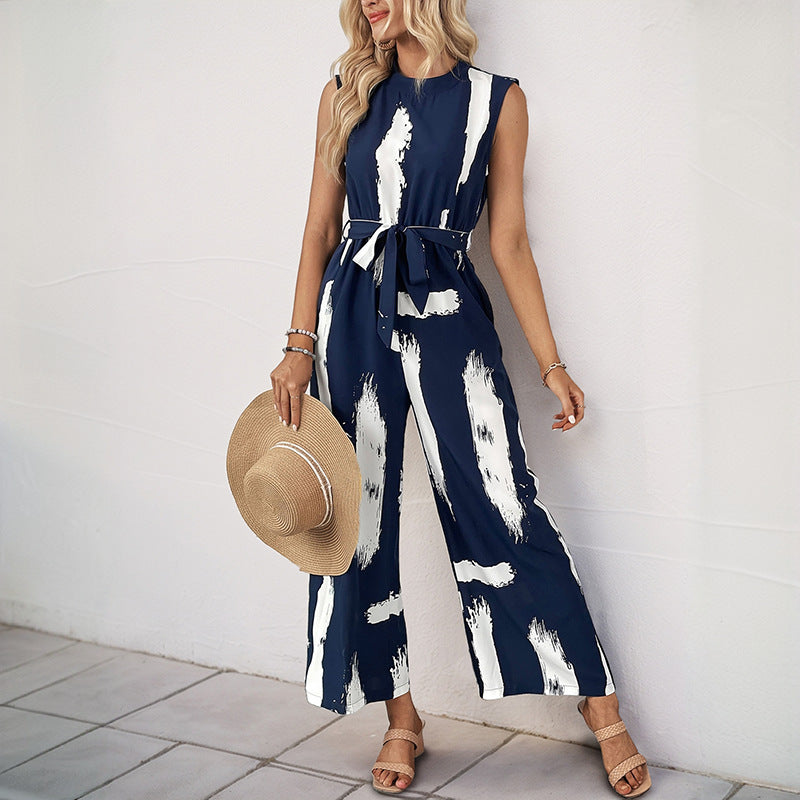Damen Modischer Jumpsuit mit Taillengürtel und weitem Bein EB