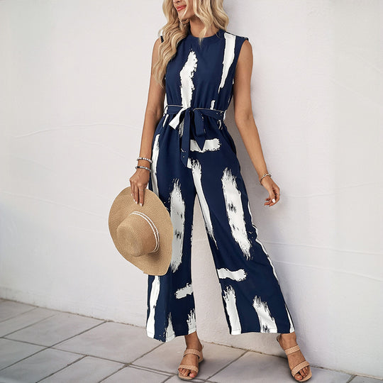 Damen Modischer Jumpsuit mit Taillengürtel und weitem Bein EB