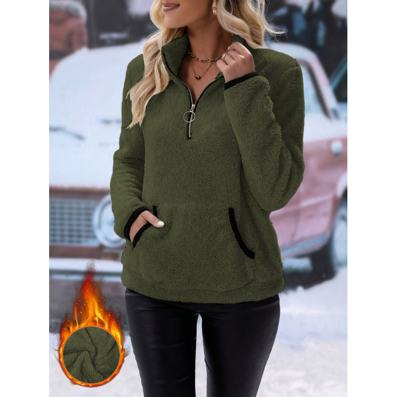 Damen Weicher Teddy-Pullover im lässigen Look mit halben Reißverschluss EB